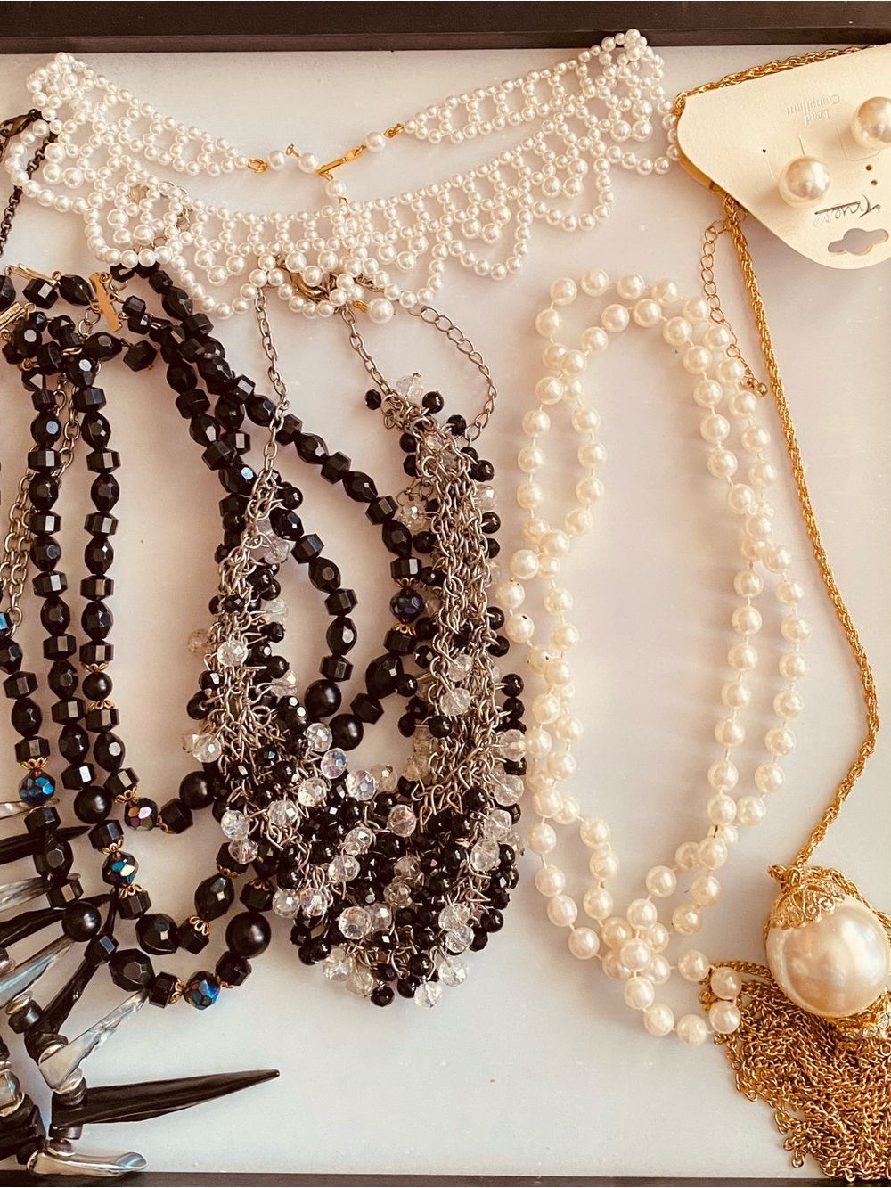 Pearl and Black Bead Necklace Set - Elegant Women’s Jewelry
